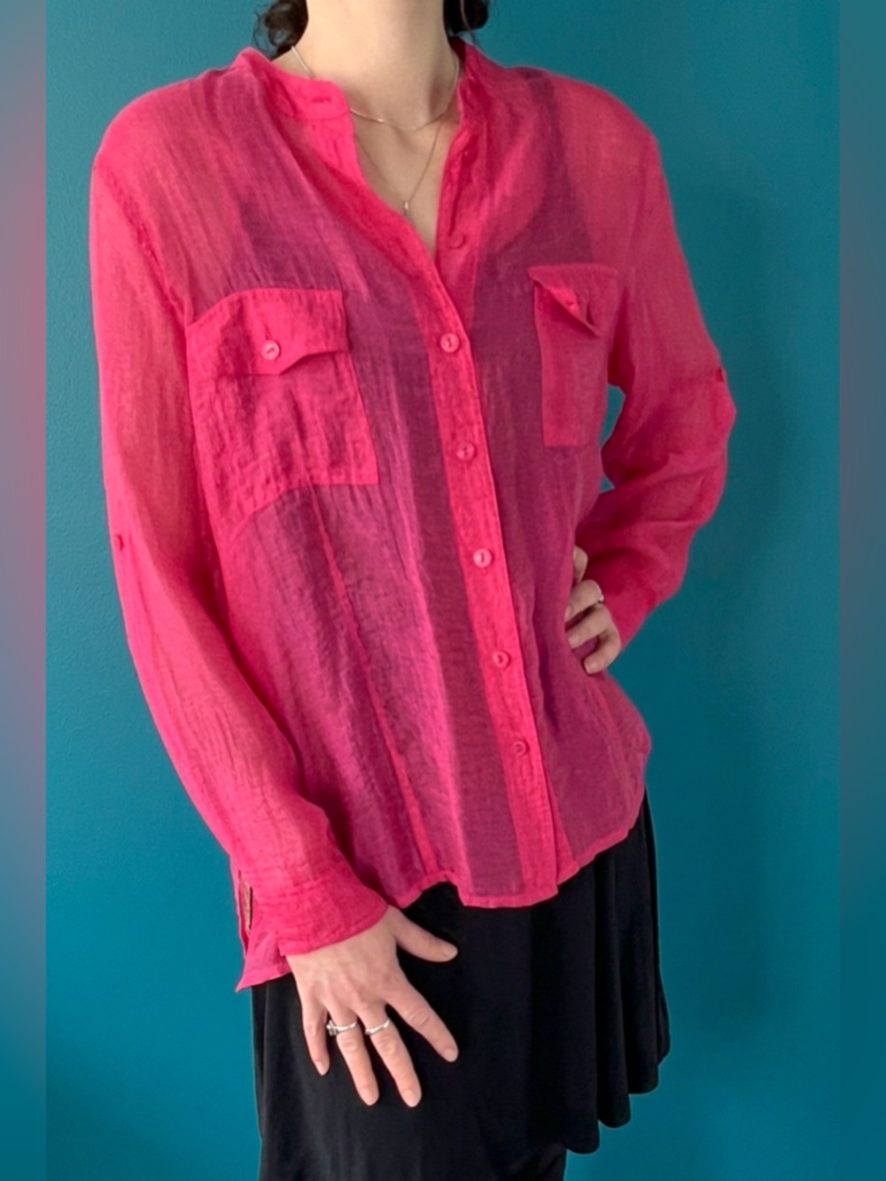 Vintage Hot Pink Semi Sheer Textured Blouse • Long or Rolled Sleeve Layering Top